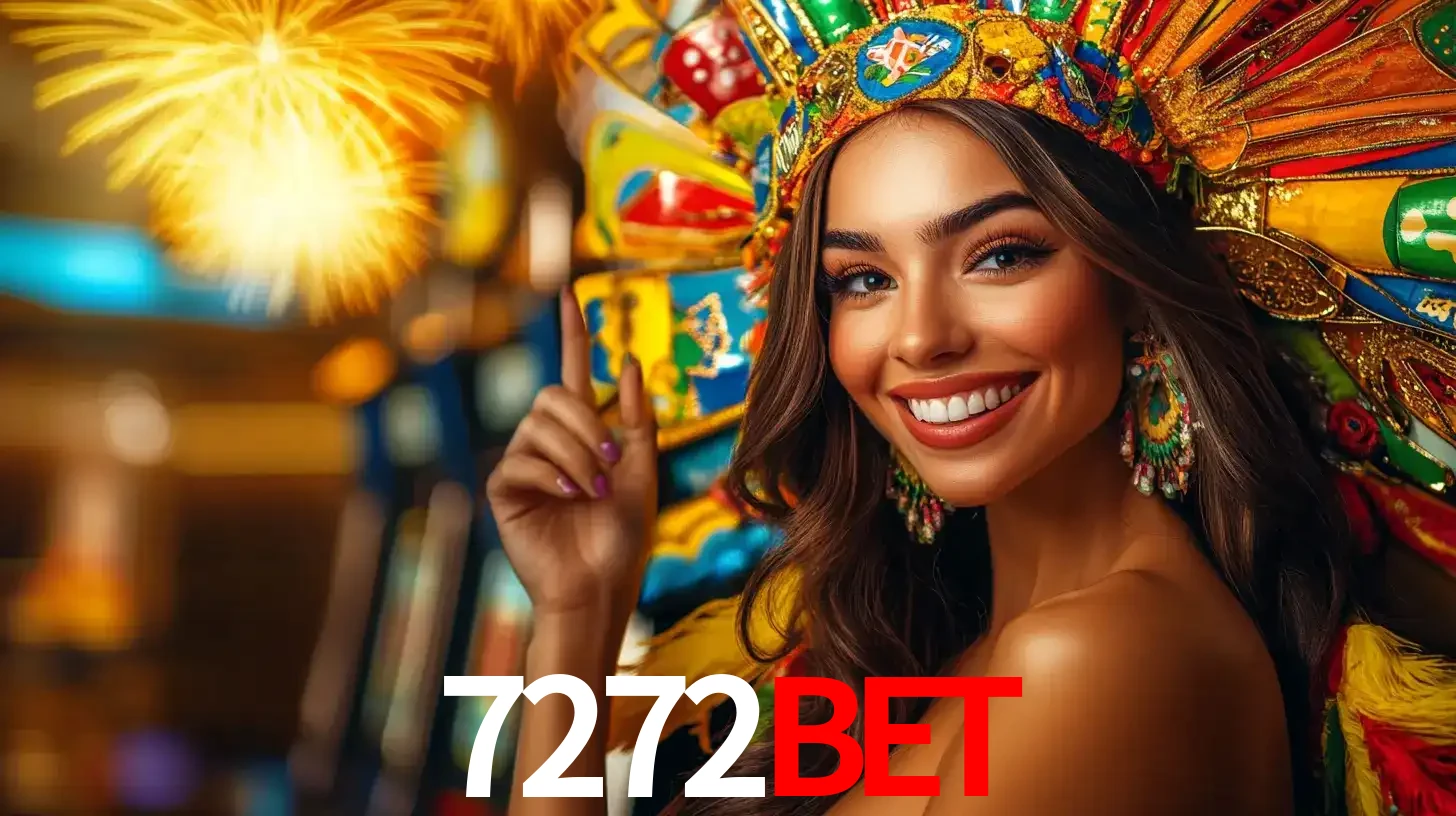 Mulher sorridente com um cocar de carnaval vibrante e colorido, celebrando uma grande vitória nos jogos do cassino 7272bet com fogos de artifício ao fundo.