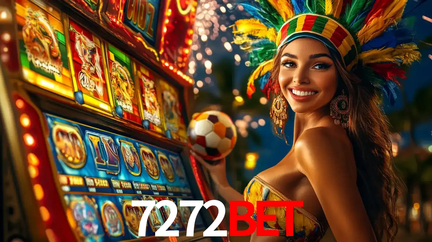 Mulher com um cocar de carnaval ao lado de uma máquina de caça-níqueis enquanto segura uma bola de futebol, mostrando a união da diversão de cassino e esportes no 7272bet.