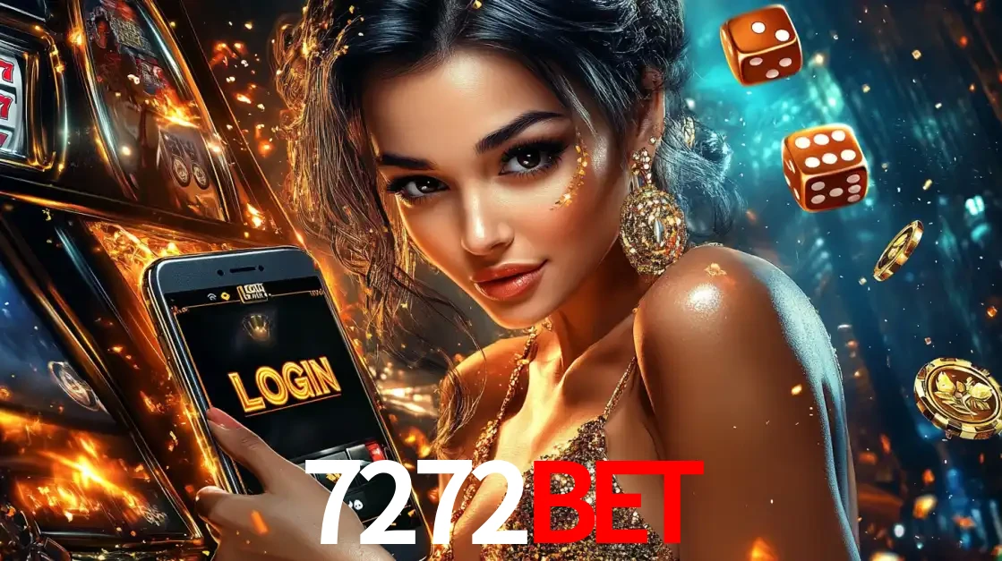 Mulher glamourosa segurando um celular com a tela de login do cassino 7272bet, rodeada por dados e moedas douradas, pronta para começar a diversão.