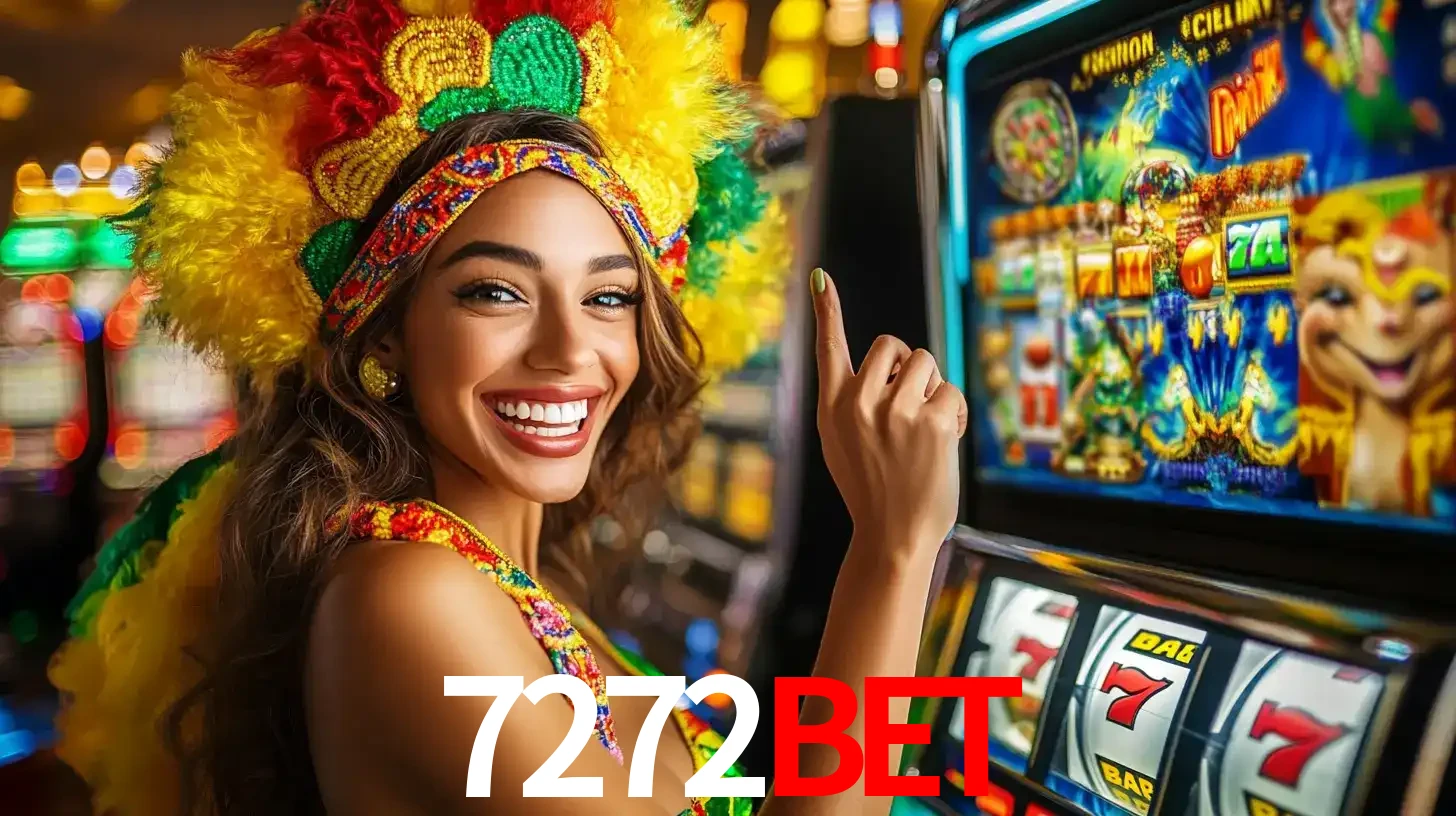 Mulher animada com um cocar de carnaval apontando para uma máquina de caça-níqueis, mostrando a emoção de ganhar um grande prêmio nos jogos do 7272bet.