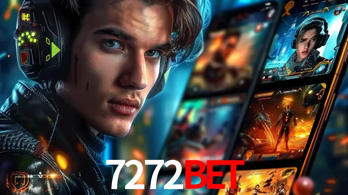 Jovem jogador com fones de ouvido olhando para a câmera, com um aplicativo de jogos e e-sports para celular ao fundo, pronto para a competição e apostas no 7272bet.