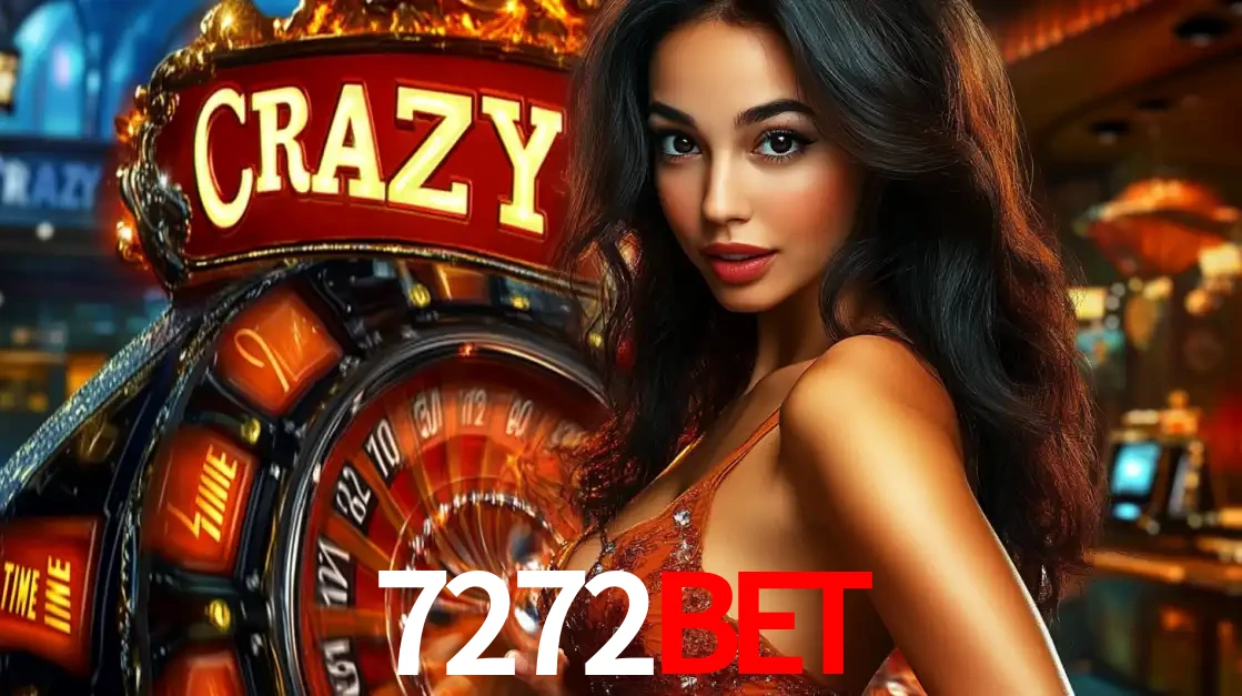 Mulher glamourosa olhando para a câmera com a roda vermelha do Crazy Time ao fundo em um ambiente de cassino, destacando a emoção dos jogos ao vivo no 7272bet.