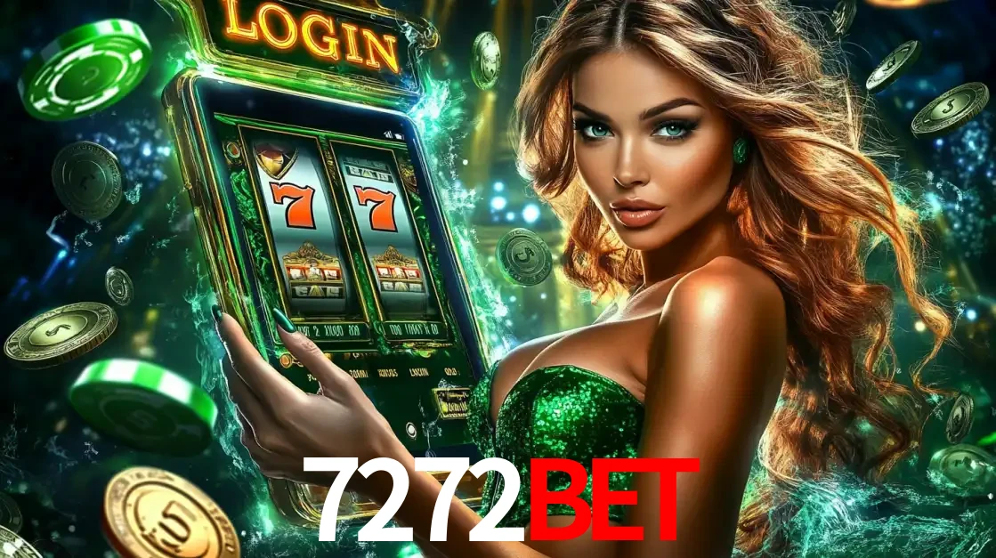 Mulher com tema verde apresentando o aplicativo do cassino 7272bet com um jogo de slot de 777, cercada por fichas de cassino e uma aura de sorte.