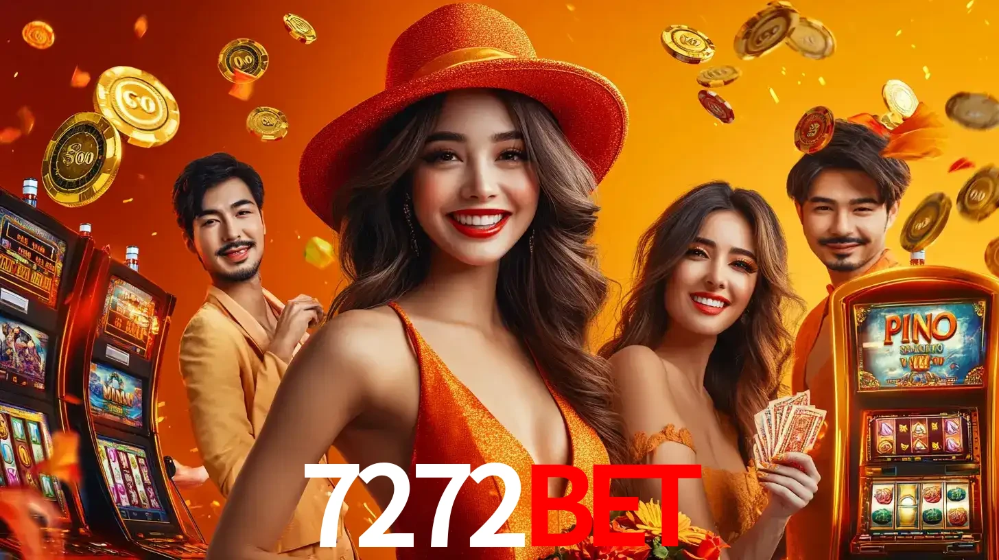 Grupo de amigos asiáticos sorrindo e se divertindo com máquinas de caça-níqueis em um ambiente festivo, celebrando suas vitórias nos jogos de cassino do 7272bet.