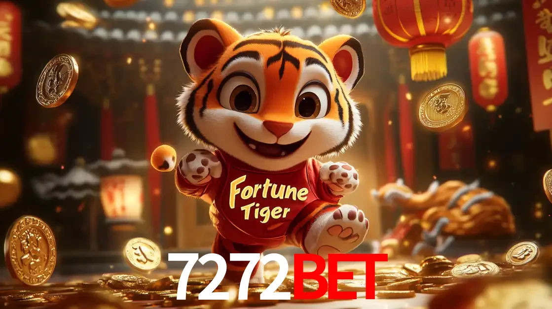 O alegre personagem do Fortune Tiger correndo sobre um caminho de moedas de ouro, simbolizando os grandes prêmios e a diversão do popular jogo de slot do 7272bet.