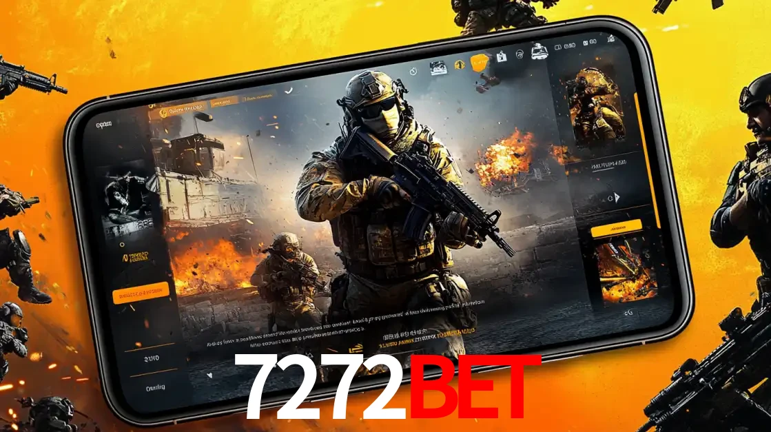 Um smartphone exibindo a interface de um jogo de tiro em primeira pessoa, com um soldado em um cenário de batalha, representando a ação dos e-sports para apostar no 7272bet.