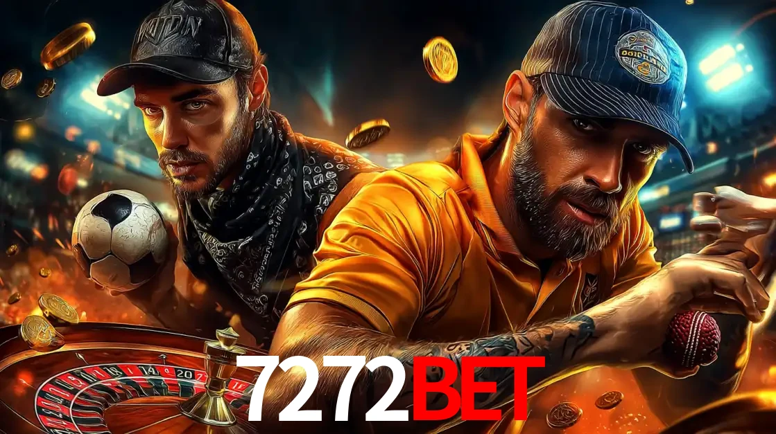 Montagem de apostas esportivas e cassino no 7272bet, com um homem segurando uma bola de futebol e outro uma de beisebol sobre uma roleta e moedas voadoras.