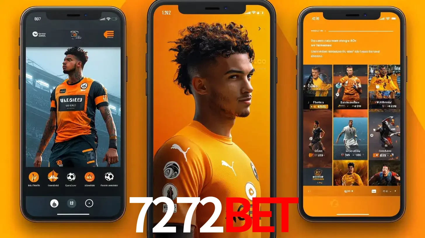 Interface do aplicativo de apostas esportivas 7272bet em três telas de celular, mostrando o perfil de um jogador de futebol e a lista de jogos disponíveis para apostar.
