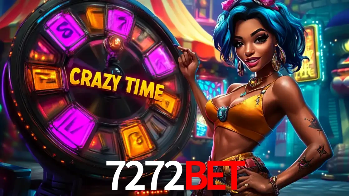 Mulher estilizada com cabelo azul e visual vibrante posando ao lado da roda de prêmios do game show Crazy Time, convidando para a diversão e os bônus do cassino 7272bet.