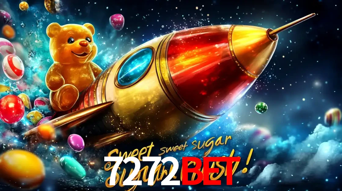 Arte promocional do jogo de slot Sugar Rush, com um urso de pelúcia em um foguete viajando pelo espaço de doces, um dos jogos divertidos disponíveis no cassino 7272bet.