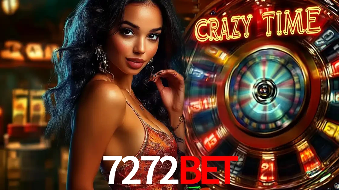 Mulher elegante ao lado da vibrante roda da fortuna do jogo de cassino ao vivo Crazy Time, um dos game shows mais populares e cheios de prêmios do 7272bet.