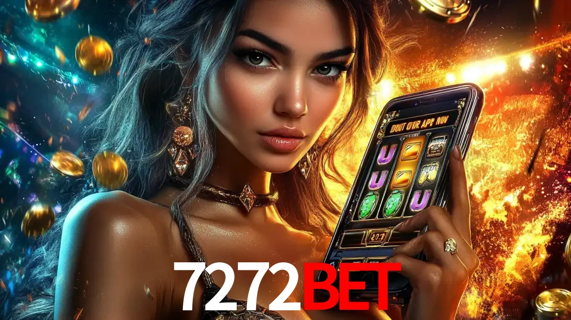 Mulher elegante mostrando um jogo de caça-níqueis em seu smartphone, destacando a experiência de cassino móvel oferecida pelo aplicativo 7272bet.