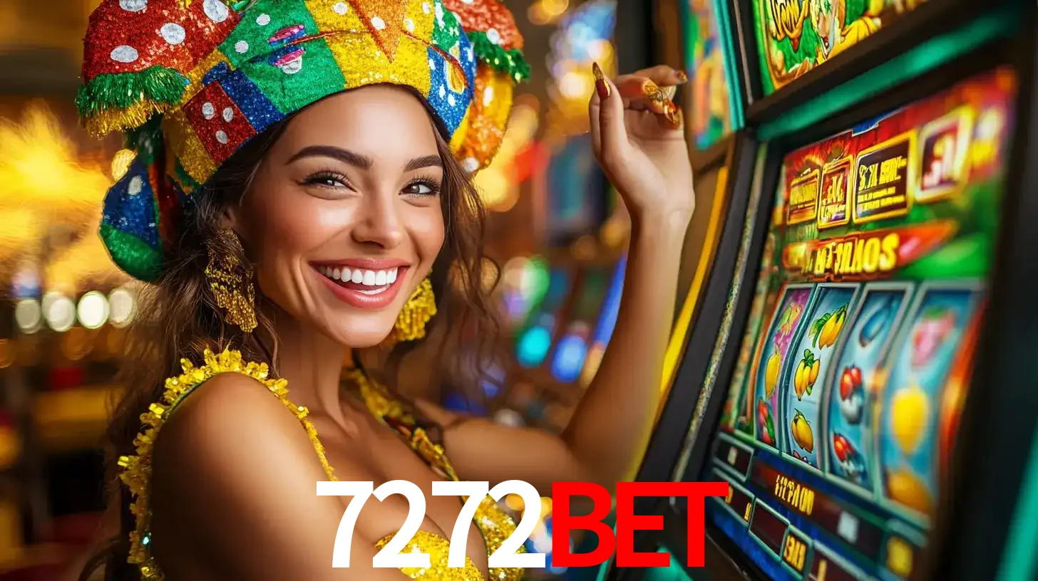 Mulher feliz com traje de carnaval amarelo e colorido ao lado de uma máquina de caça-níqueis, aproveitando a diversão e os jogos temáticos do cassino 7272bet.