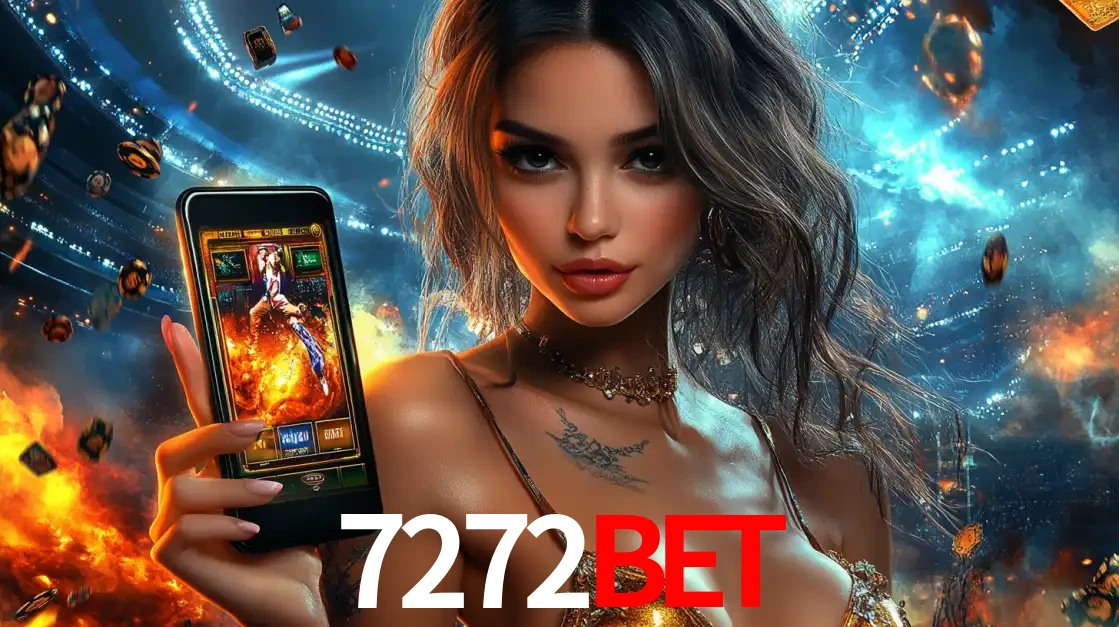 Mulher segurando um celular com um jogo de slot em destaque, tendo como fundo um estádio vibrante, simbolizando a emoção de jogar no cassino móvel 7272bet.