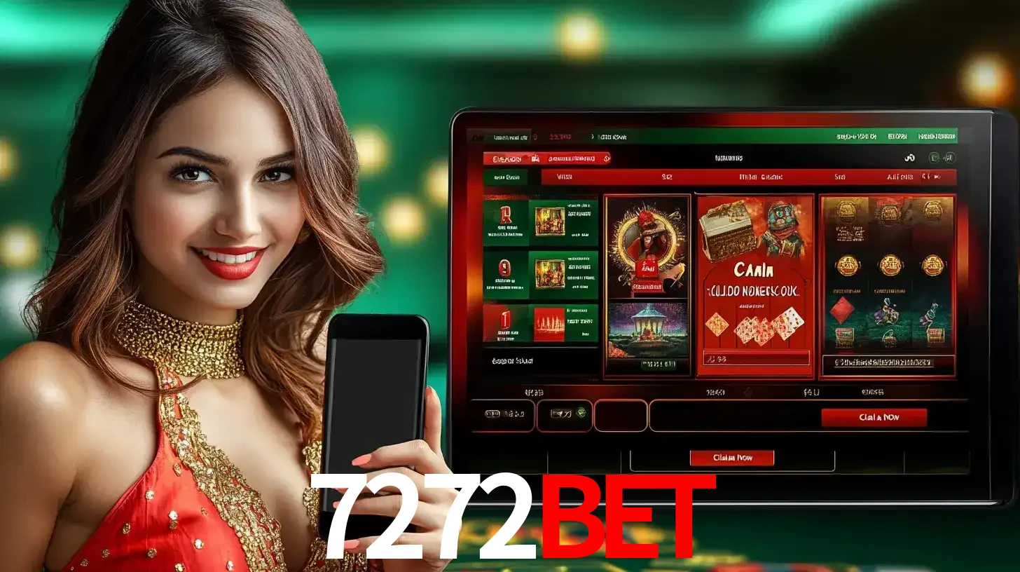 Mulher sorridente segurando um smartphone, ao lado de uma tela exibindo o lobby de jogos do cassino online 7272bet, com várias opções de jogos de cartas e slots.